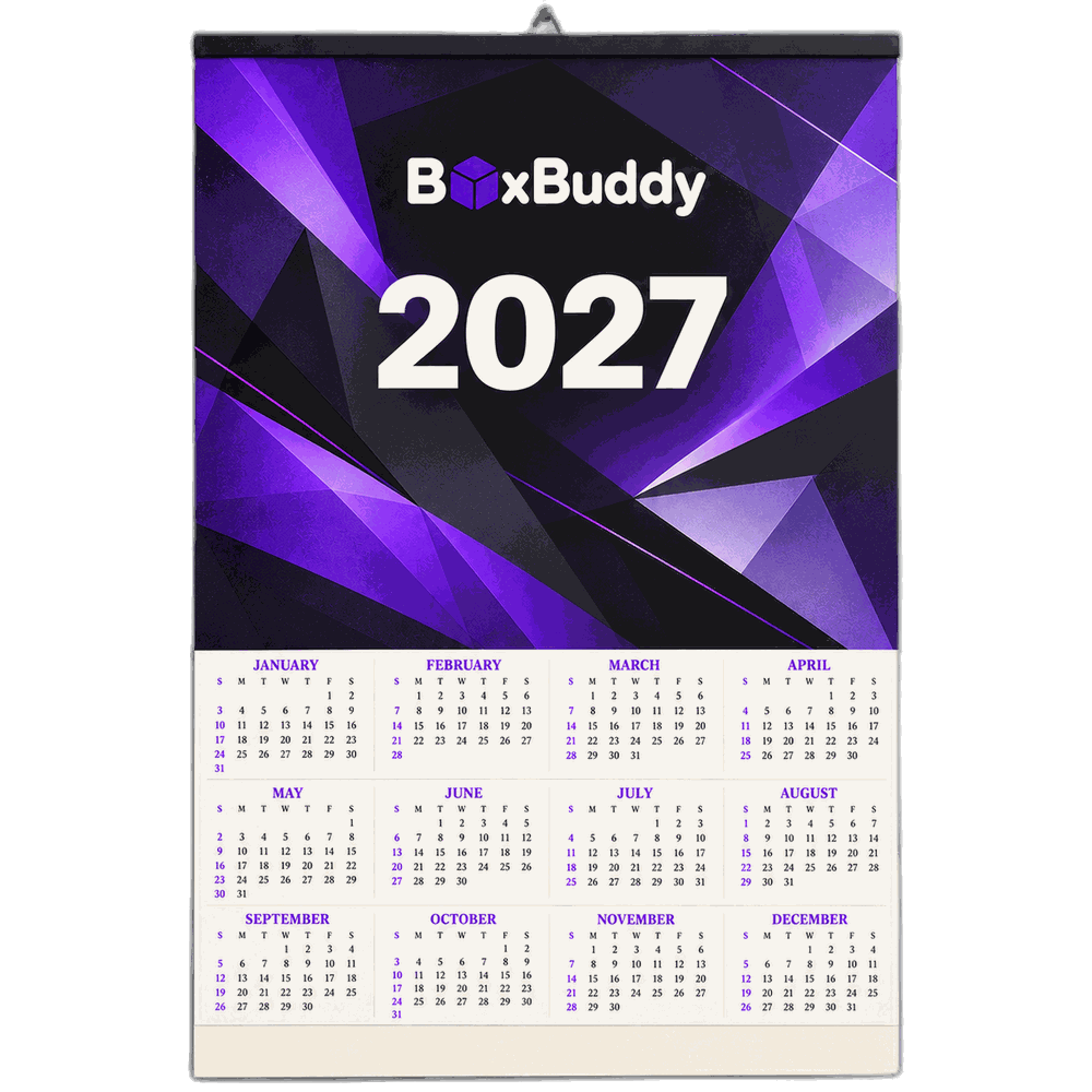 ปฏิทินโปสเตอร์ 2570 (2027) ขนาด 15x21 นิ้ว พร้อมชายล่าง 15x7 นิ้ว ตารางครบ 12 เดือนในแผ่นเดียว พิมพ์ 4 สี ผลิตโดย BoxBuddy