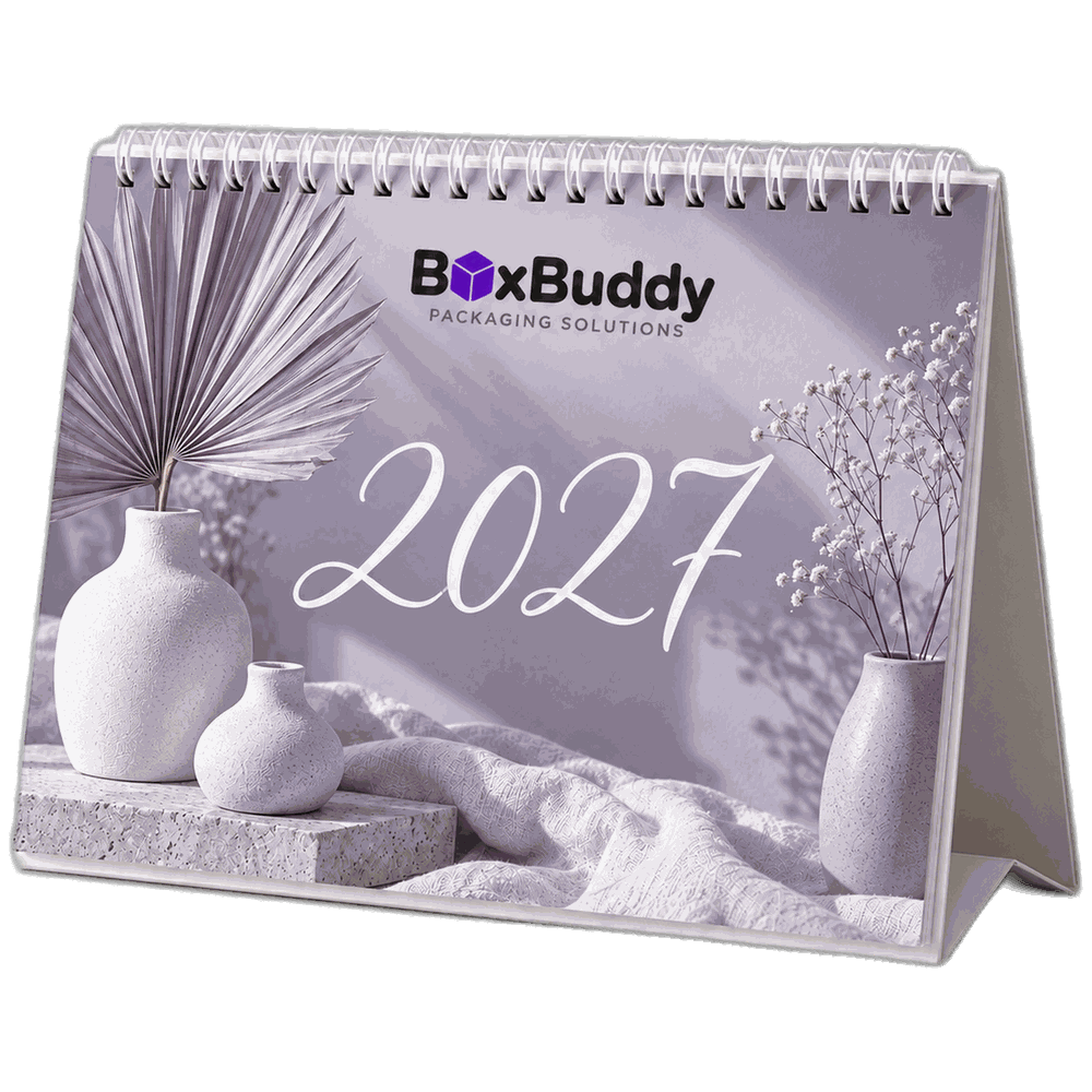 ปฏิทินตั้งโต๊ะ 2570 (2027) ขนาด 6x8 นิ้ว อาร์ตการ์ด 230 แกรม สันห่วงกระดูกงู ฐานกระดาษตั้งโต๊ะ พิมพ์โลโก้บริษัทบนหน้าปก ผลิตโดย BoxBuddy